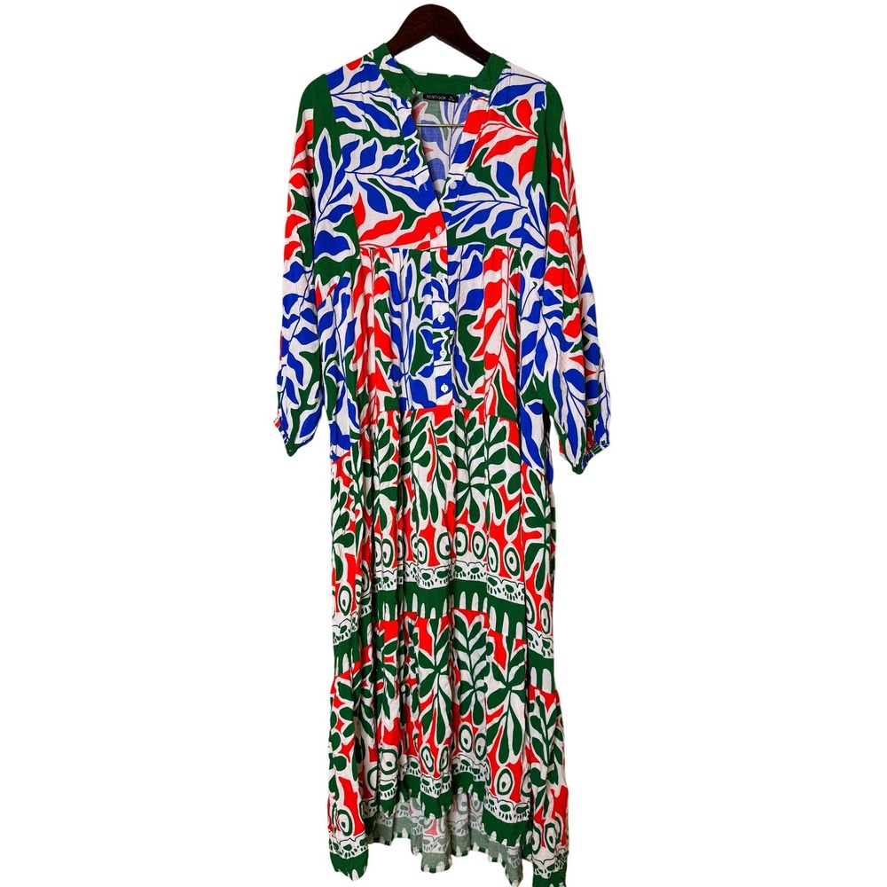 Newtoon‎ Womens XL Red Blue Green Botanical Tiered Maxi Dress Button Long Sleeve